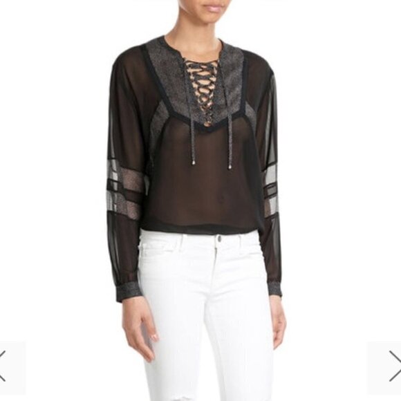 The Kooples Lace Up Sheer Blouse in Black S - Picture 3 of 8